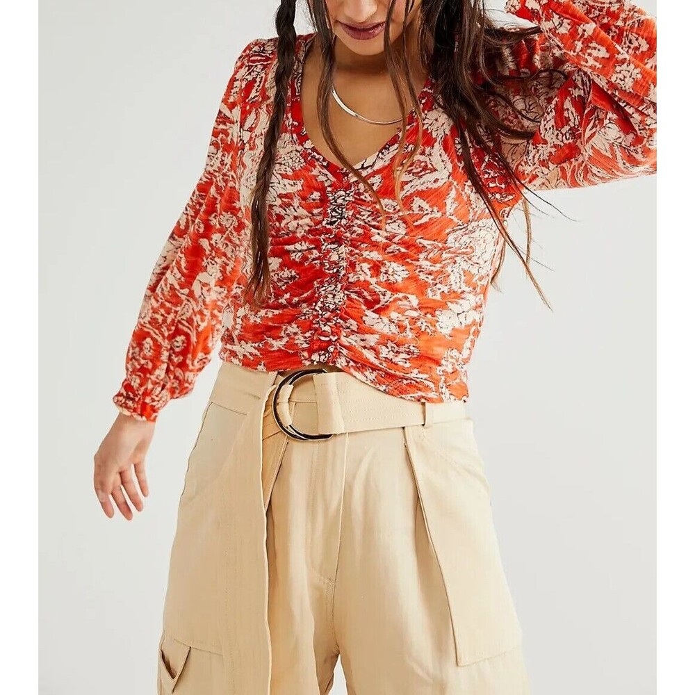 Free People Say The Word Cropped Blouse Top Floral Print Ruched Ruffle S 263804